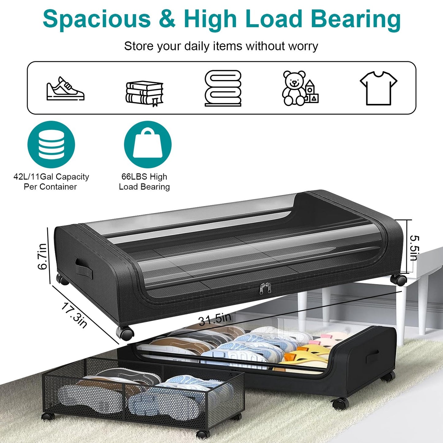 2Pcs Under Bed Storage Containers With Lid Wheels Strap Handles 42L 11Gal Per Container Fedex Shipping