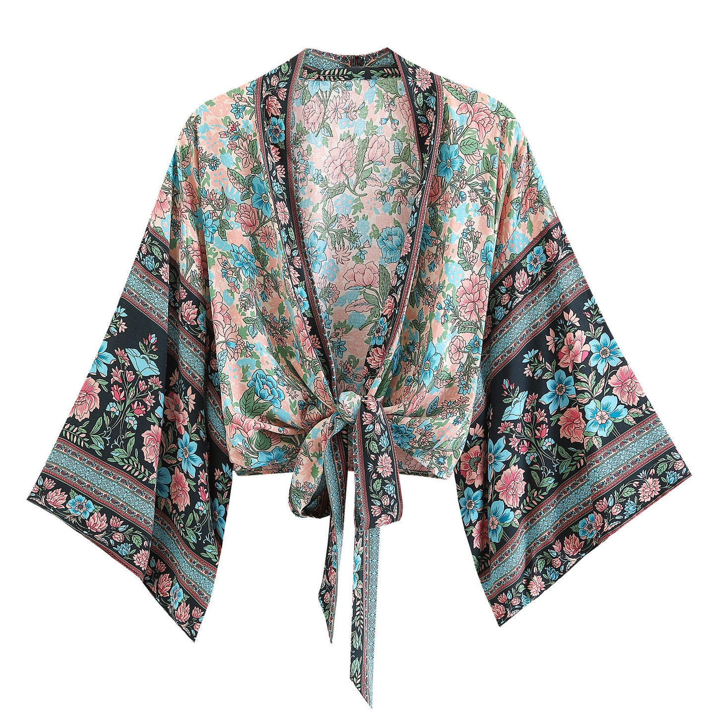 Printed V-neck Batwing Sleeve Blouse