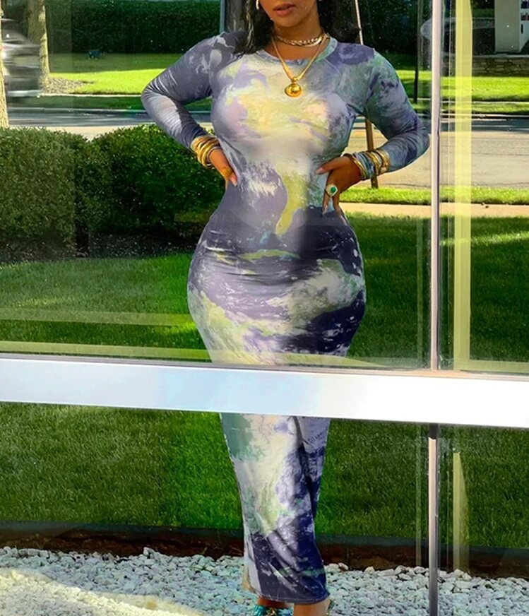 Fashion Women's Printed Wear Long Sleeve Narrow Dress