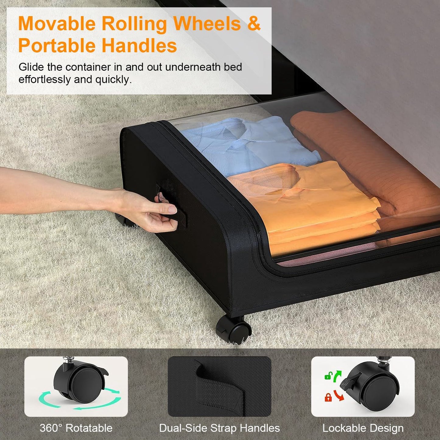 2Pcs Under Bed Storage Containers With Lid Wheels Strap Handles 42L 11Gal Per Container Fedex Shipping