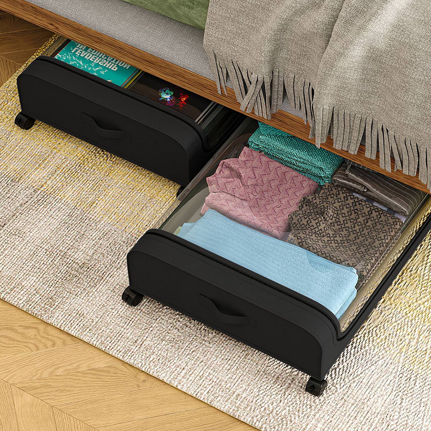 2Pcs Under Bed Storage Containers With Lid Wheels Strap Handles 42L 11Gal Per Container Fedex Shipping