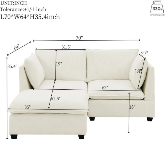 Comfy Cloud Couch Loveseat With Ottoman, Modern Chenille Love Seat Upholstered Modular Couch Sleeper For Living Room, Apartment, Studio, Office Beige White