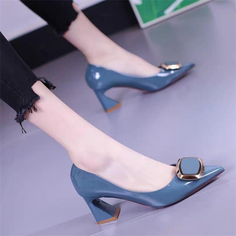 All-match Fashion Patent Leather Women's Shoes Shallow Mouth Pointed Mid Heel Women's Shoes