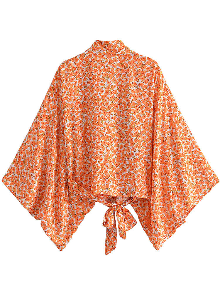Printed V-neck Batwing Sleeve Blouse