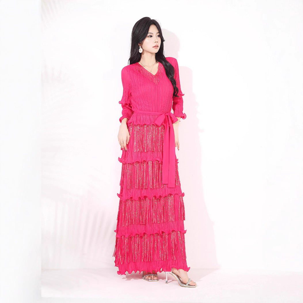 Slim-fit Slimming V-neckline Bronzing Tassel Dress