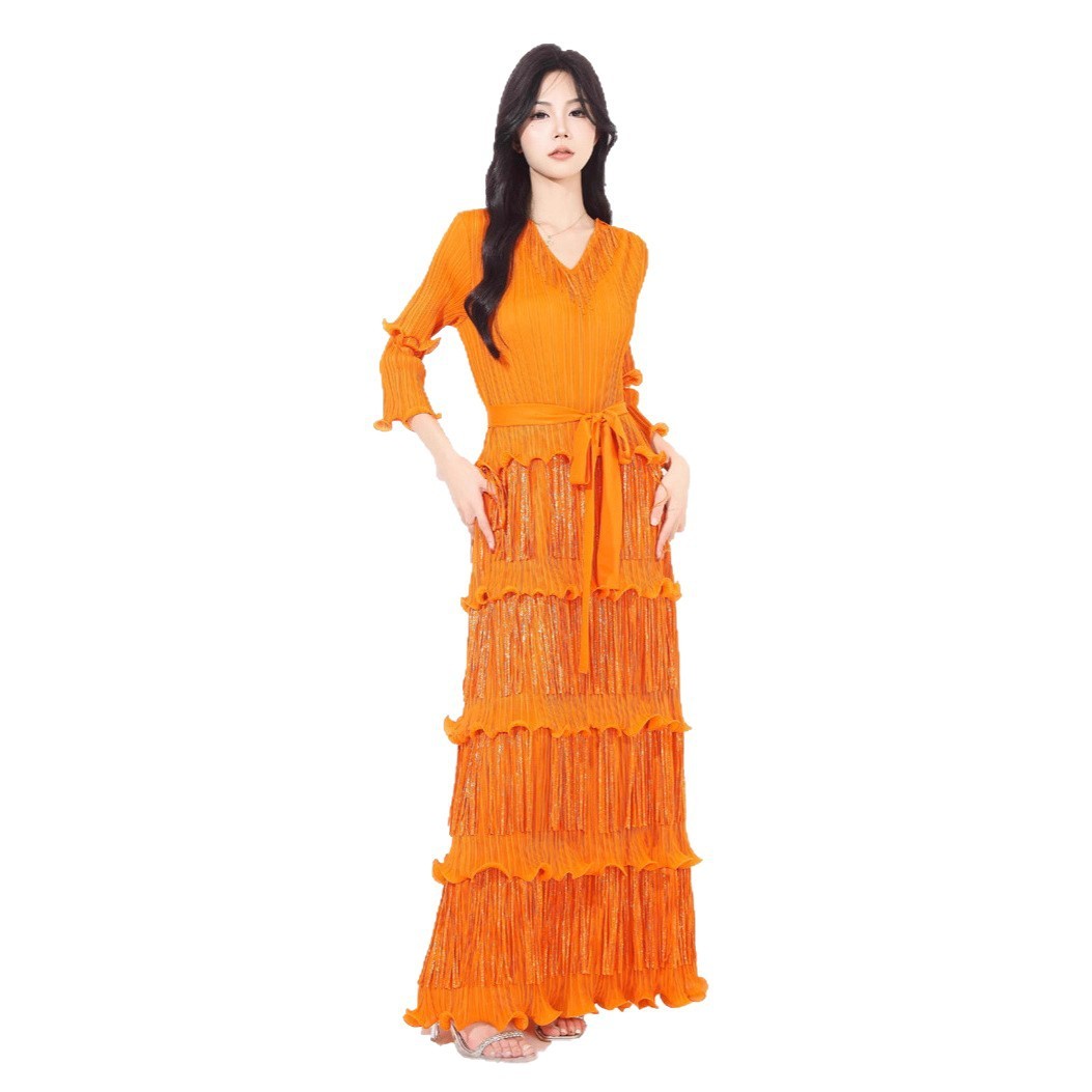 Slim-fit Slimming V-neckline Bronzing Tassel Dress