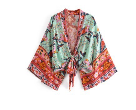 Printed V-neck Batwing Sleeve Blouse
