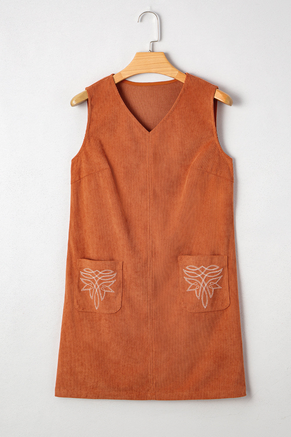Gold Flame Corduroy Western Embroidered Patched Pocket Sleeveless Mini Dress