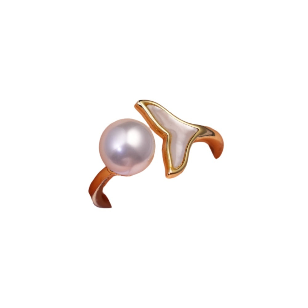 Baroque - Inspired Pearl Mermaid Ring Gold Tail With Mother - Of - Pearl Fashionable Ocean - Themed Jewelry