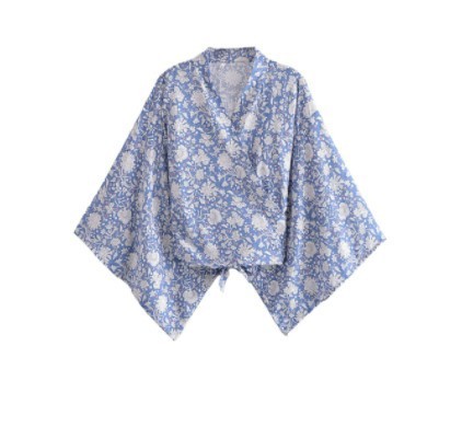 Printed V-neck Batwing Sleeve Blouse