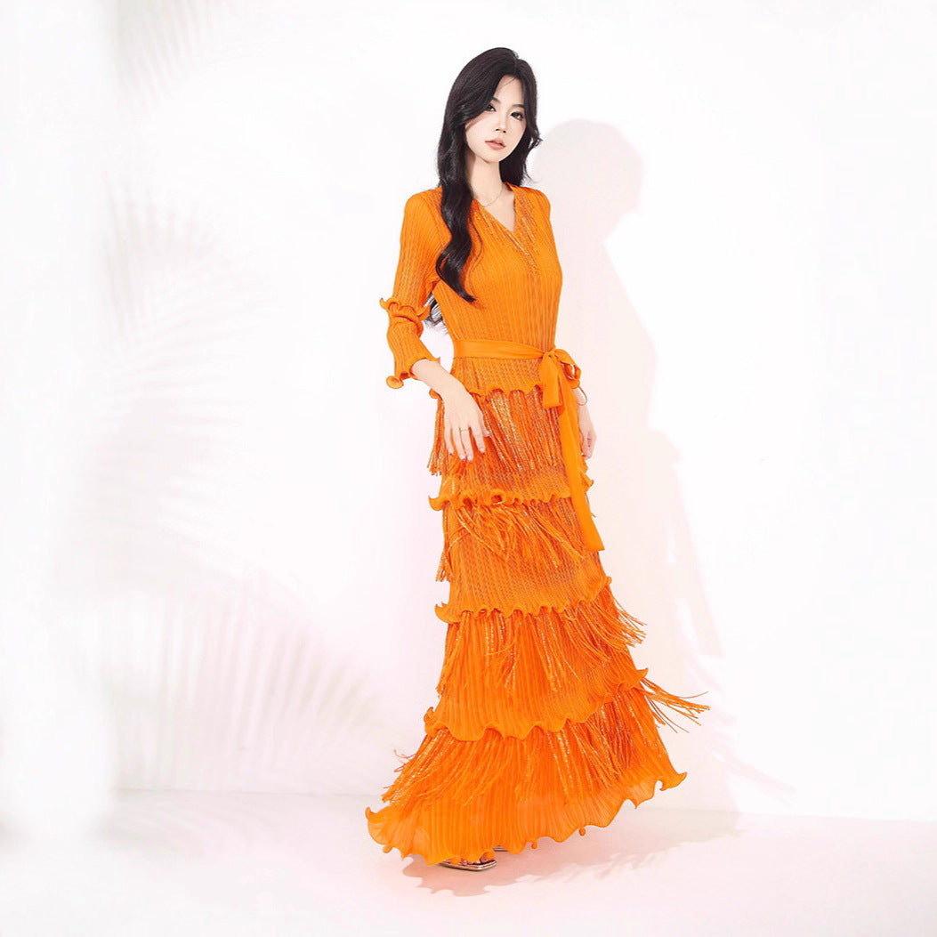 Slim-fit Slimming V-neckline Bronzing Tassel Dress