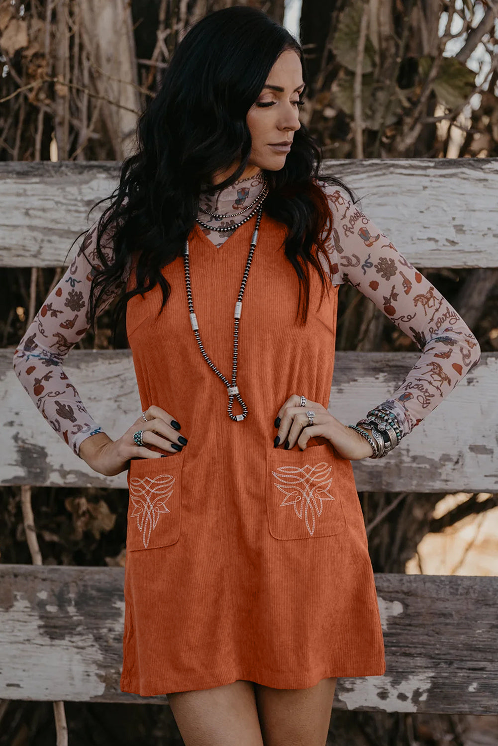 Gold Flame Corduroy Western Embroidered Patched Pocket Sleeveless Mini Dress