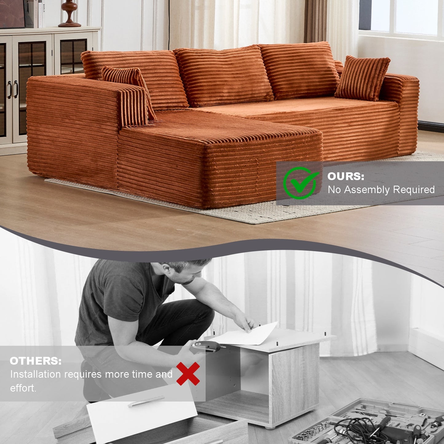 Compression Sectional Couch With Comfy Chaise, Boneless L Shape Sofa With Deep Seat, Minimalist Modular Couches Sleeper For Living Room Bedroom Apartment Lounge,Corduroy,Brown