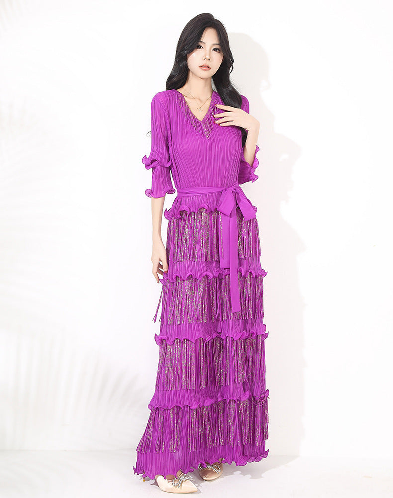 Slim-fit Slimming V-neckline Bronzing Tassel Dress