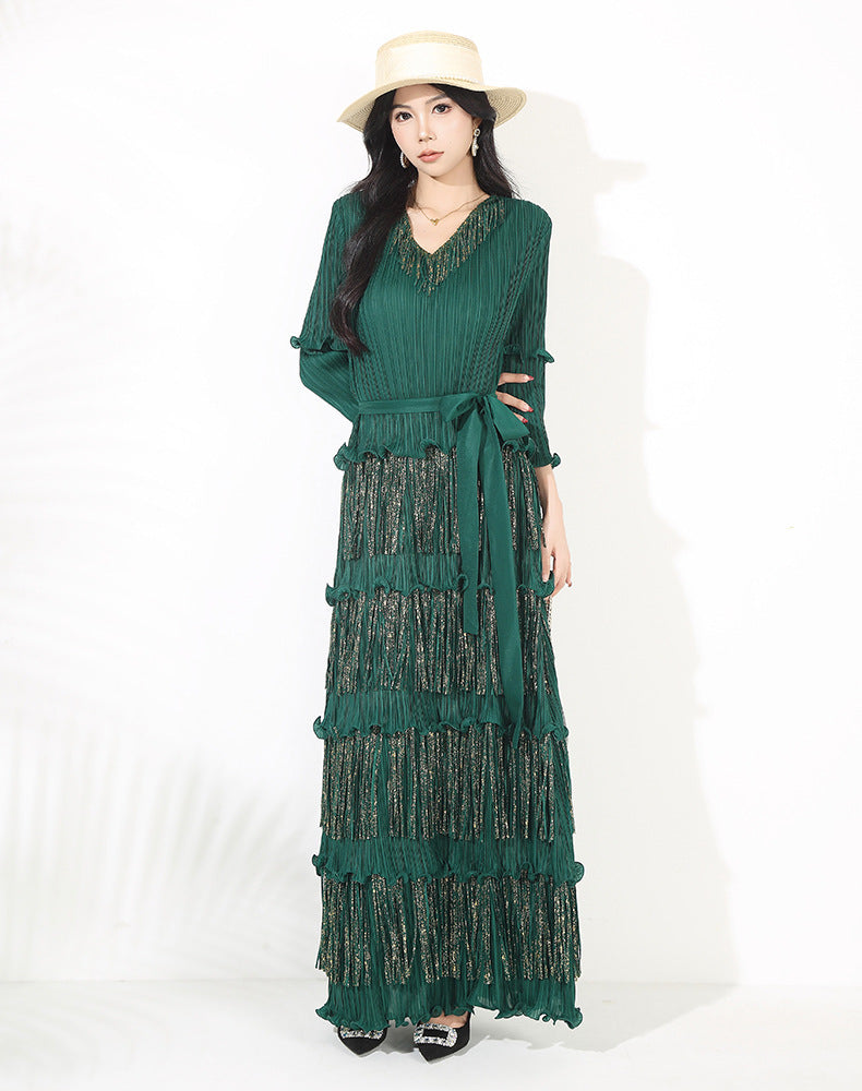 Slim-fit Slimming V-neckline Bronzing Tassel Dress