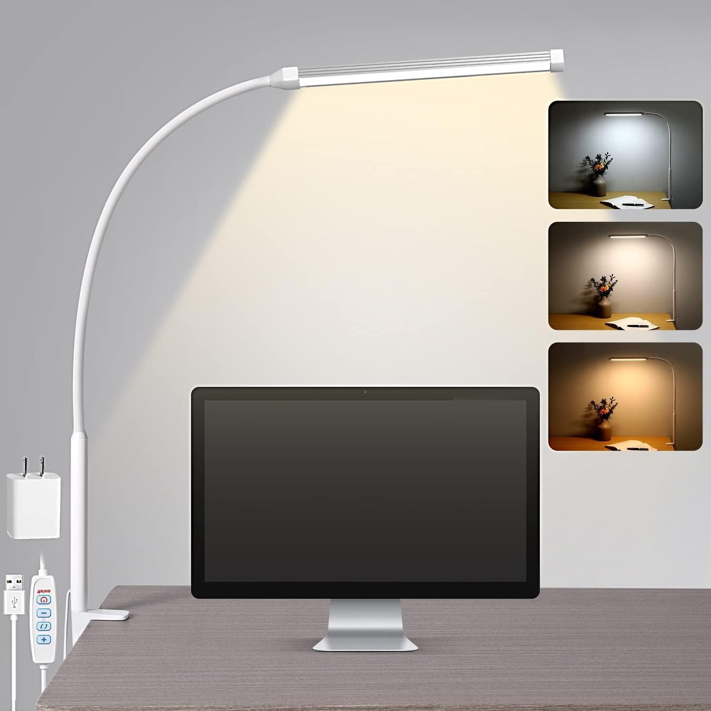 LED Desk Lamp with Clamp, Eye-Caring Clip on Lights for Home Office, 3 Modes 10 Brightness, Long Flexible Goose-Neck, Metal, Swing Arm Architect Task Table Lamps with USB Adapter, Black