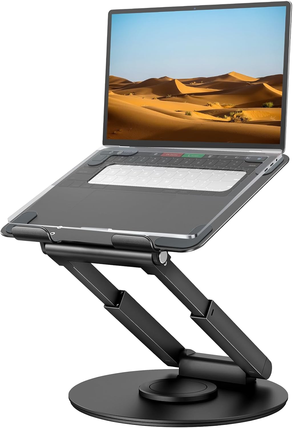 Telescopic Laptop Stand for Desk with 360° Swivel Base, Sit to Stand, Height Adjustable, Portable Riser Holder for Good Posture, Compatible with Macbook Pro, All Laptops 10-17"-Gray