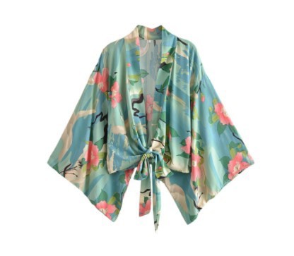 Printed V-neck Batwing Sleeve Blouse