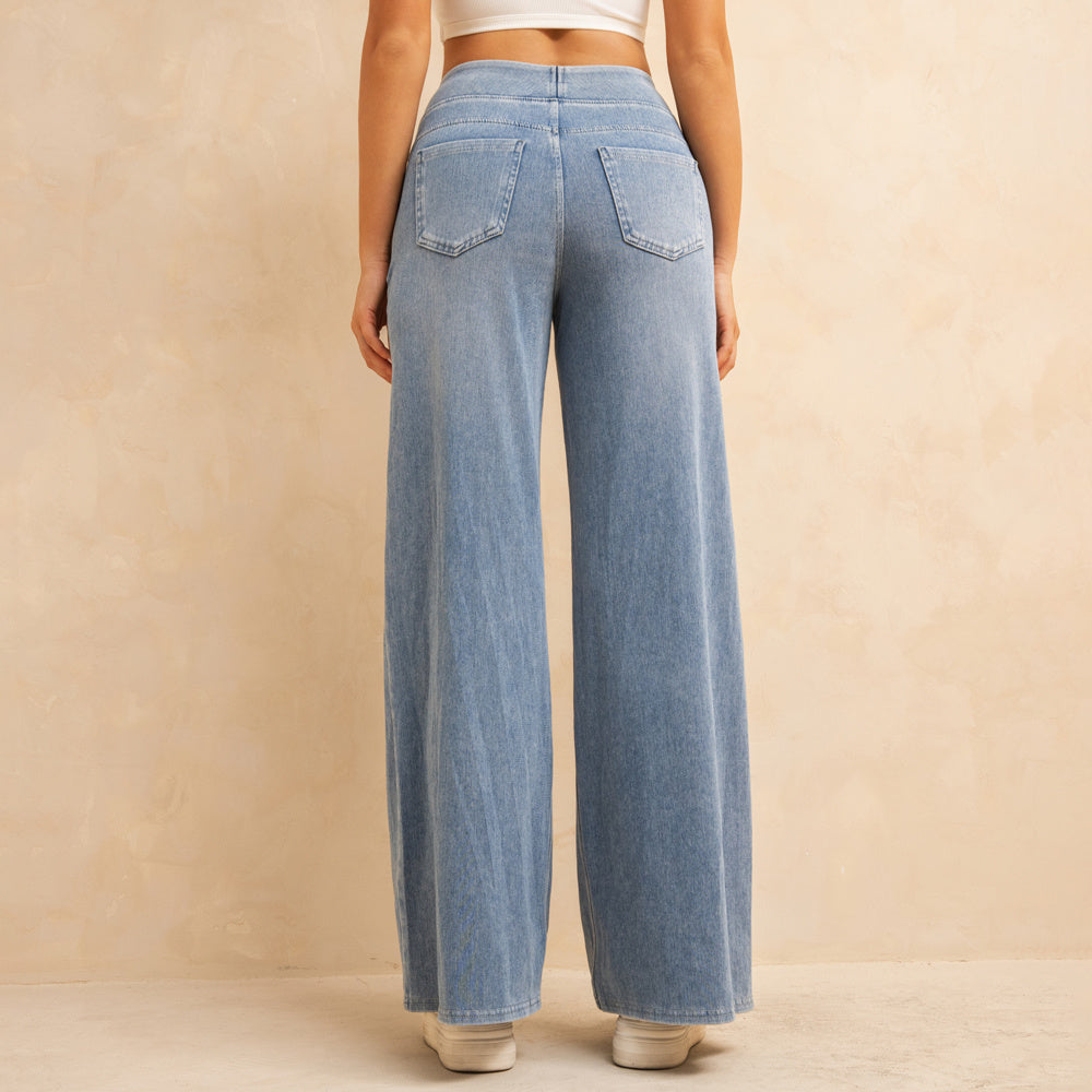 Shascullfites Melody Women's High-Waisted Wide-Leg Jeans Light Blue Casual Knitted Pants With Pockets Baggy Fit