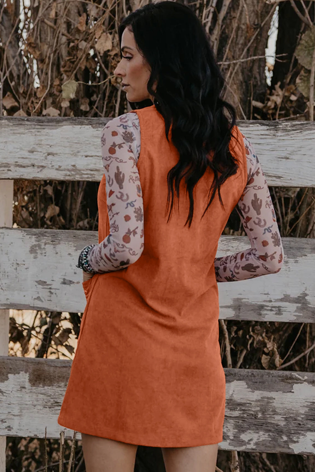 Gold Flame Corduroy Western Embroidered Patched Pocket Sleeveless Mini Dress