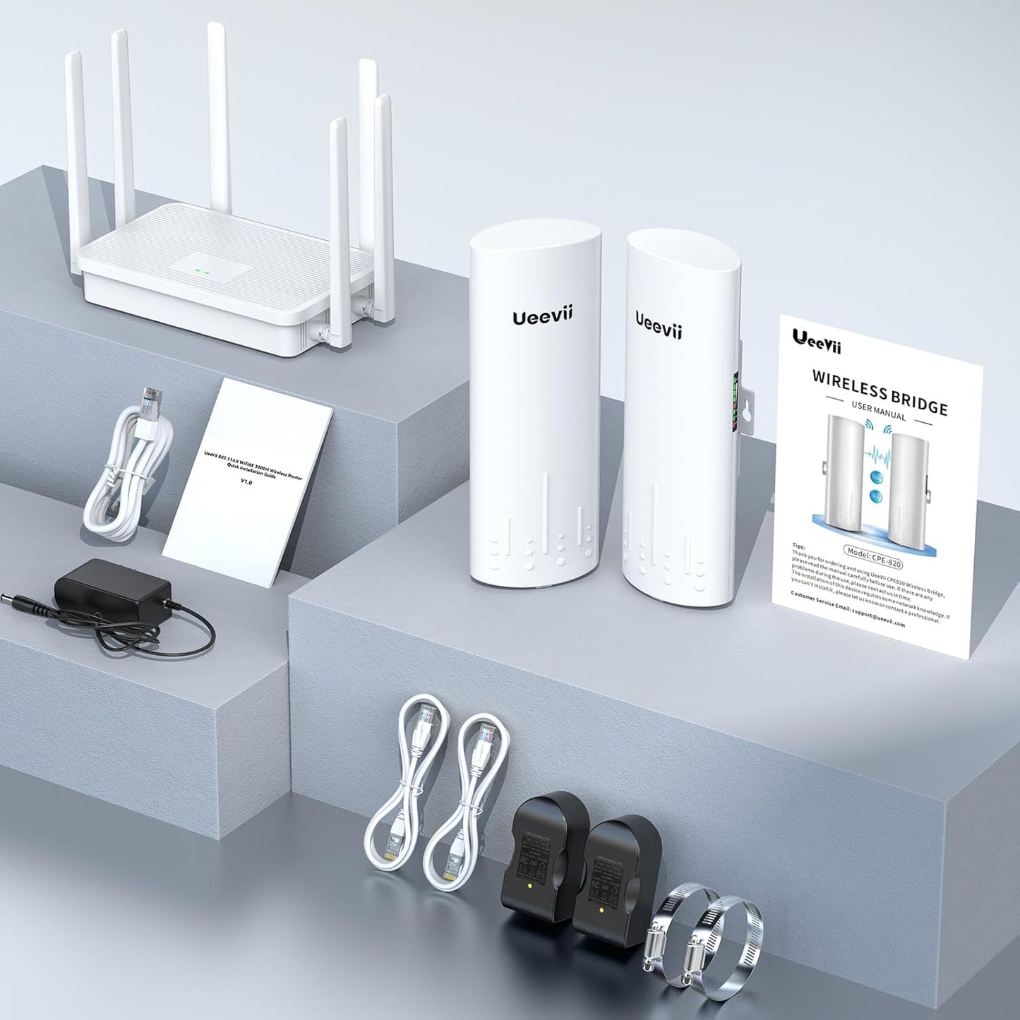 CPE450 Wireless Bridge and WR3000K Wifi Router Kit, 5.8G 3KM Point to Point Wireless Bridge Outdoor to Shop Barn Garage Building Network Kit Solution, Outdoor Wifi Bridge(2Pcs), Plug and Play