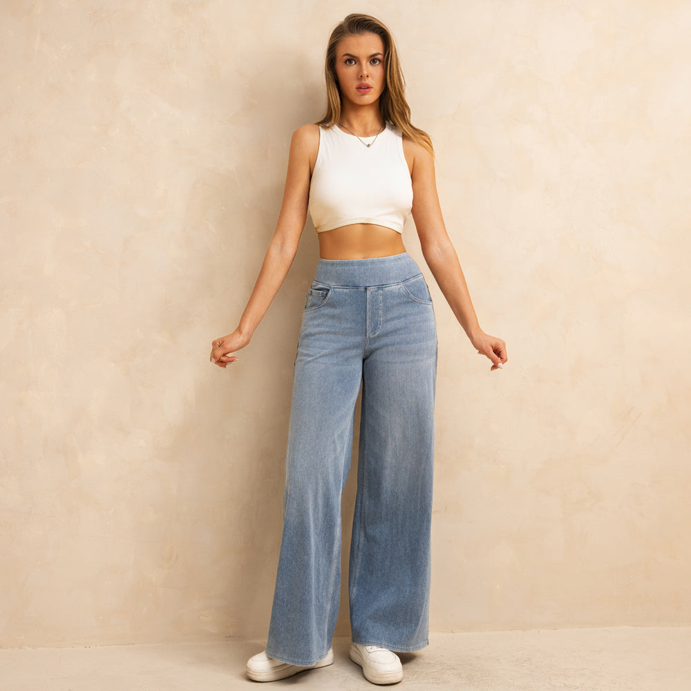 Shascullfites Melody Women's High-Waisted Wide-Leg Jeans Light Blue Casual Knitted Pants With Pockets Baggy Fit