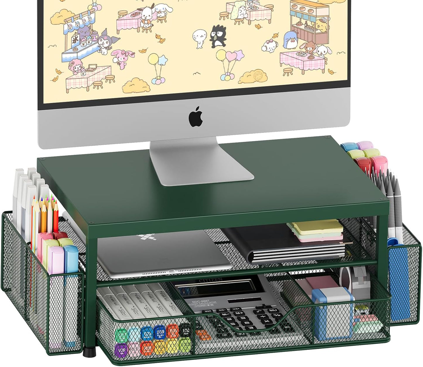 Desk Organizer and Accessories, 2-Tier Computer Monitor Stand Riser with Drawer and 2 Pen Holders, Laptop Stand, Office Desk Accessories for Office Supplies, Black