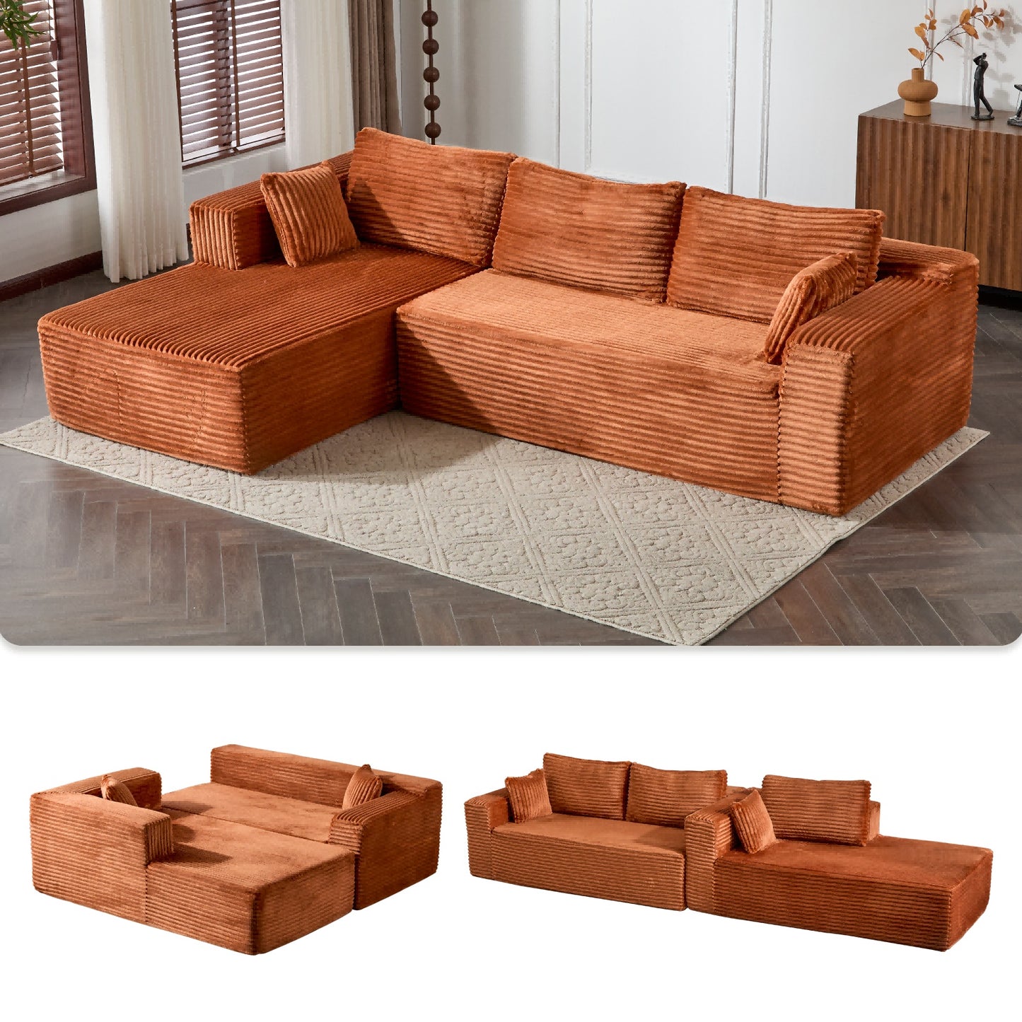 Compression Sectional Couch With Comfy Chaise, Boneless L Shape Sofa With Deep Seat, Minimalist Modular Couches Sleeper For Living Room Bedroom Apartment Lounge,Corduroy,Brown