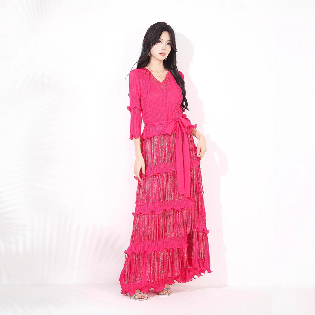 Slim-fit Slimming V-neckline Bronzing Tassel Dress