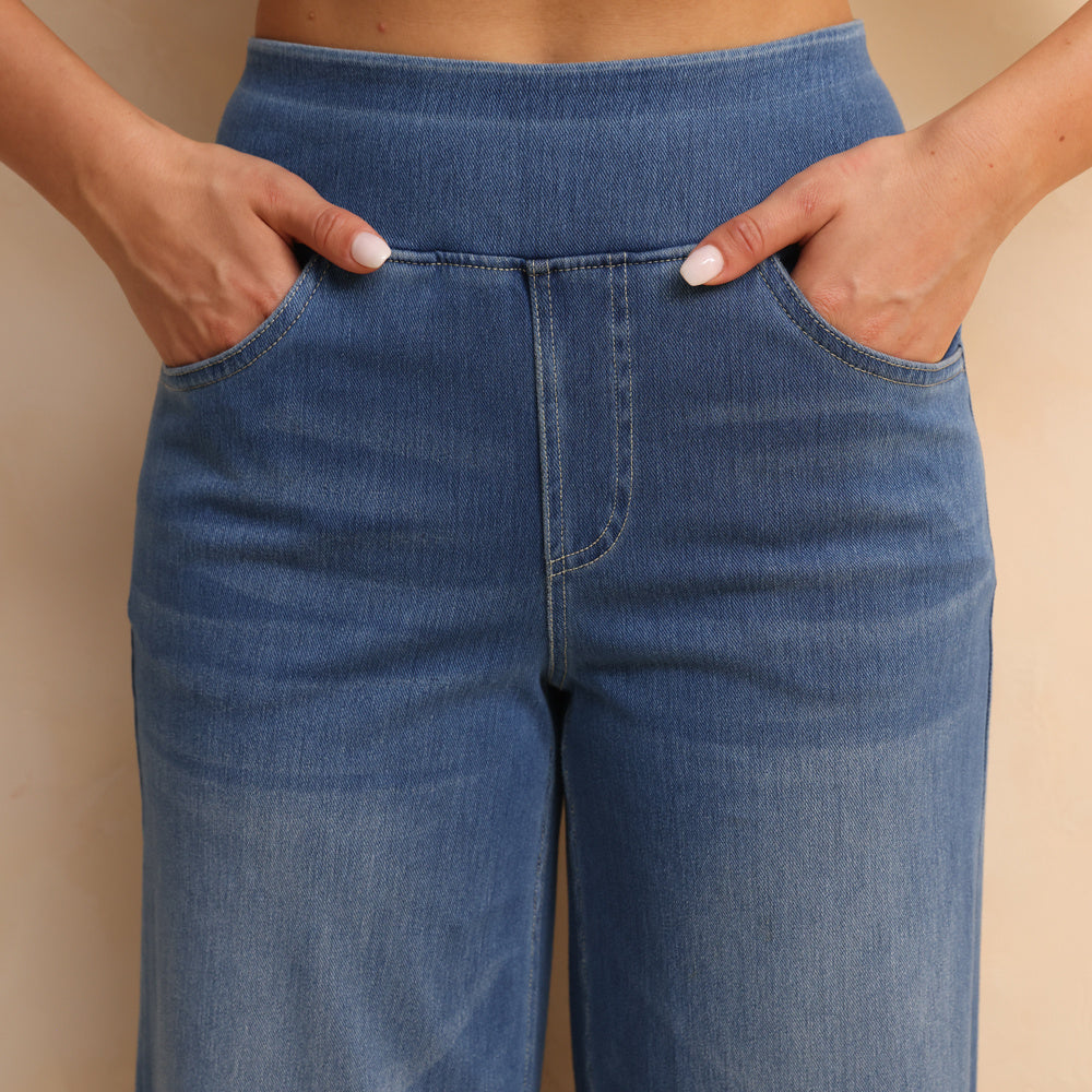 Shascullfites Melody High-Waisted Tummy Control Jeans Women's Retro Blue Flare Jeans With Pockets Casual Wide Leg Jeans