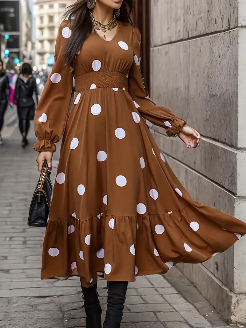 V-neck Long Sleeve Ruffled Hem Dress