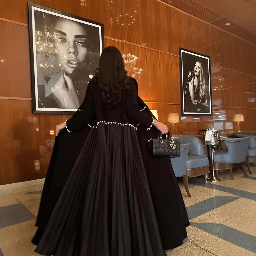 Elegant Graceful Robe Beaded Cardigan Pleated Black Maxi Dress For Women