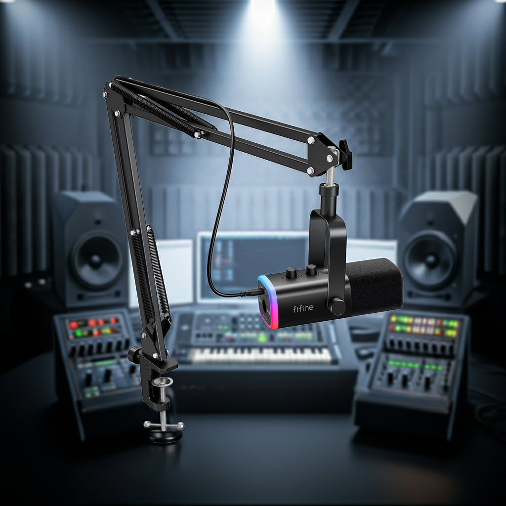 Fifine Ampligame AM8T USB/XLR Dynamic Mic Set - RGB Streaming Microphone with Boom Arm Stand
