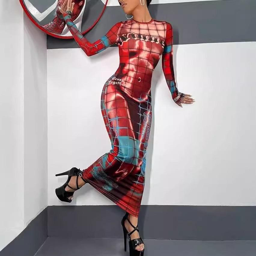 Fashion Women's Printed Wear Long Sleeve Narrow Dress