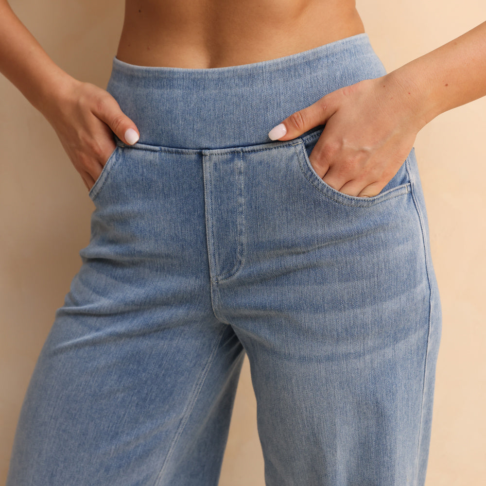 Shascullfites Melody Women's High-Waisted Wide-Leg Jeans Light Blue Casual Knitted Pants With Pockets Baggy Fit
