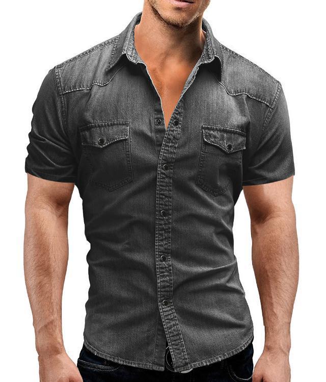 Casual Solid Color Men's Denim Short Sleeve Shirt