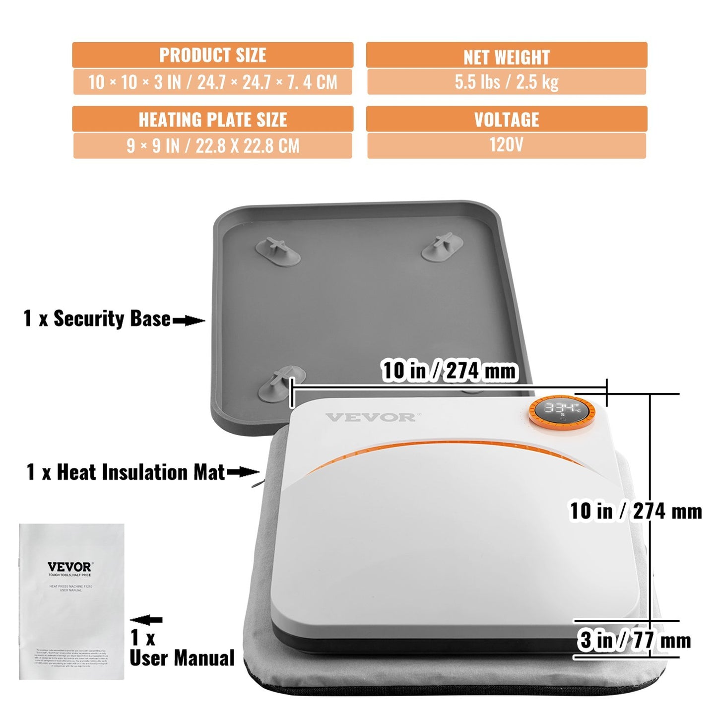VEVOR Heat Press Machine,9x9inches Portable Shirt Printing Multifunctional Sublimation Transfer Heat Press Machine TeflonCoated, Easy Iron-on Press For T-shirts HTV Vinyl Bags Pillows Projects
