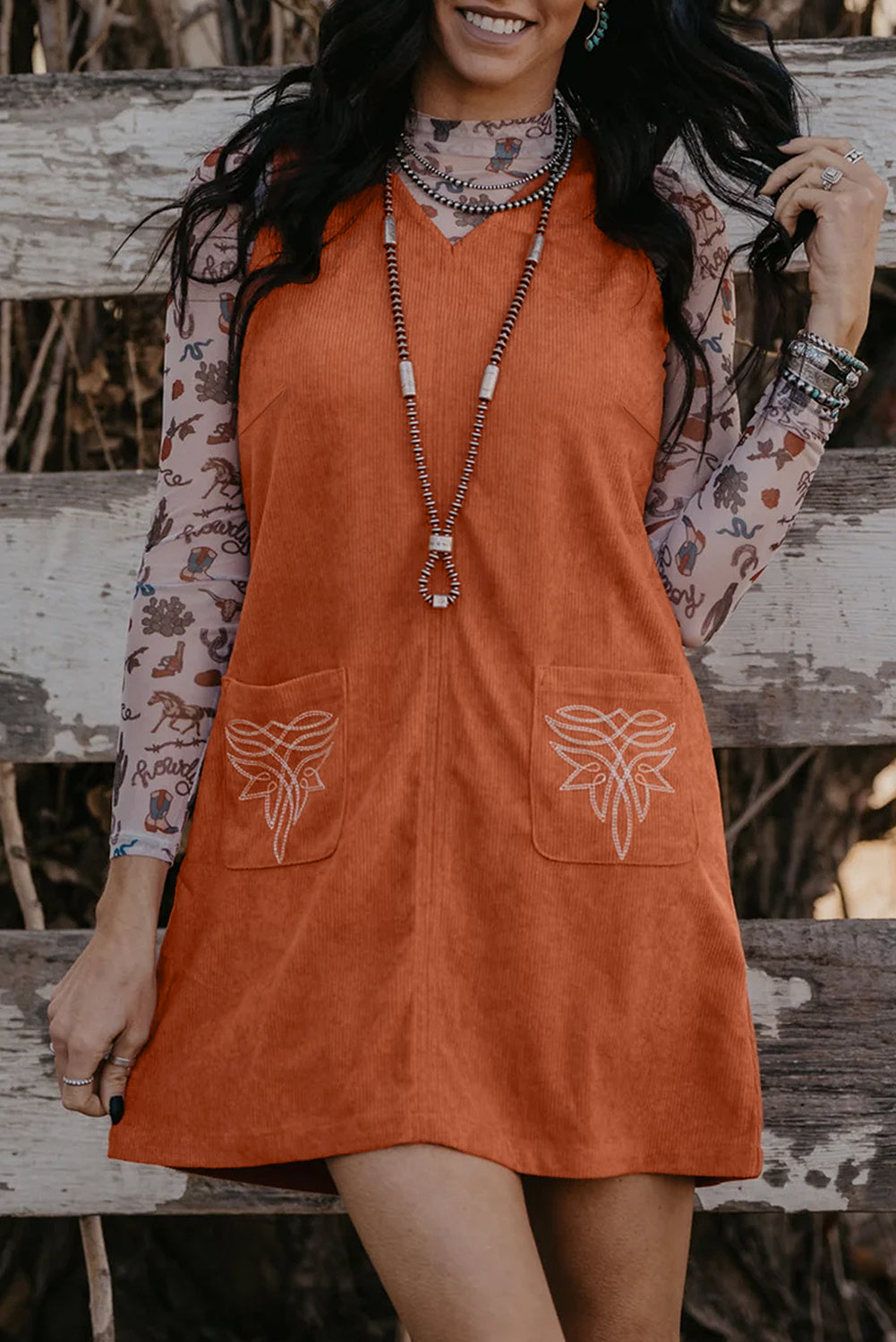 Gold Flame Corduroy Western Embroidered Patched Pocket Sleeveless Mini Dress
