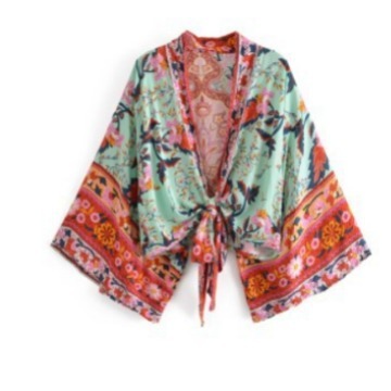 Printed V-neck Batwing Sleeve Blouse