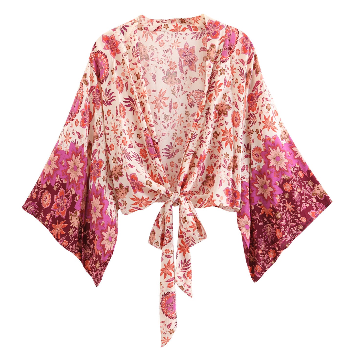 Printed V-neck Batwing Sleeve Blouse