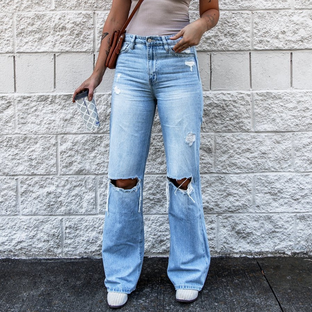 Women's Ripped High Waist Retro Slim Fit Denim Boot-cut Pants