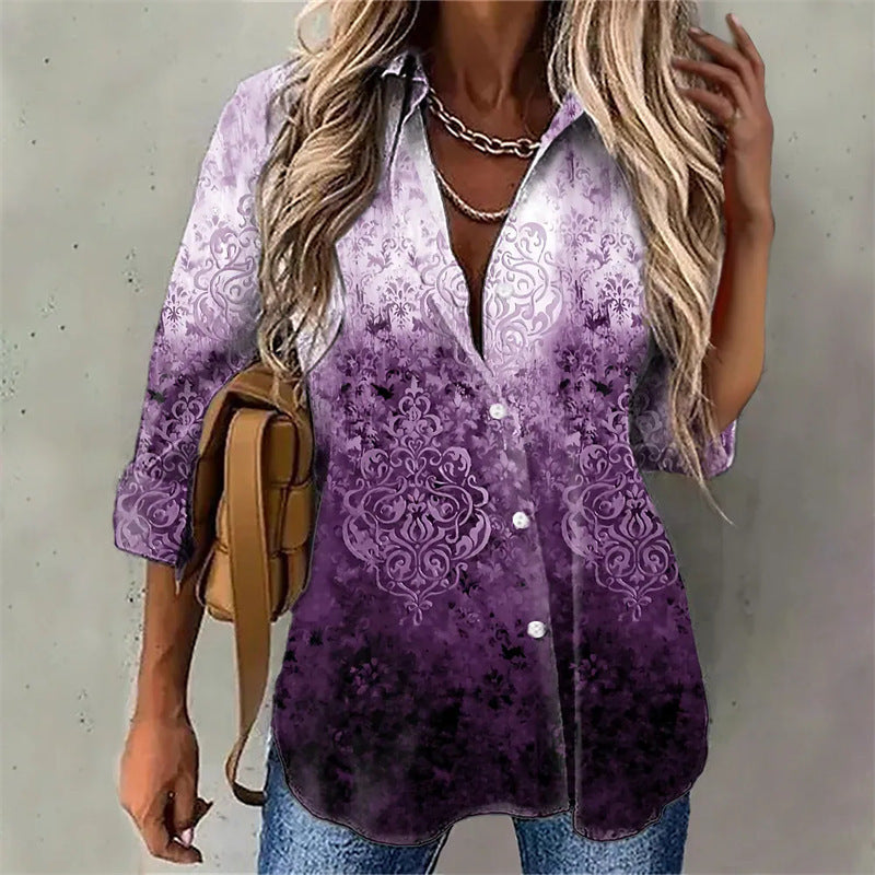 Tie-dyed Printed Button Long-sleeved Shirt