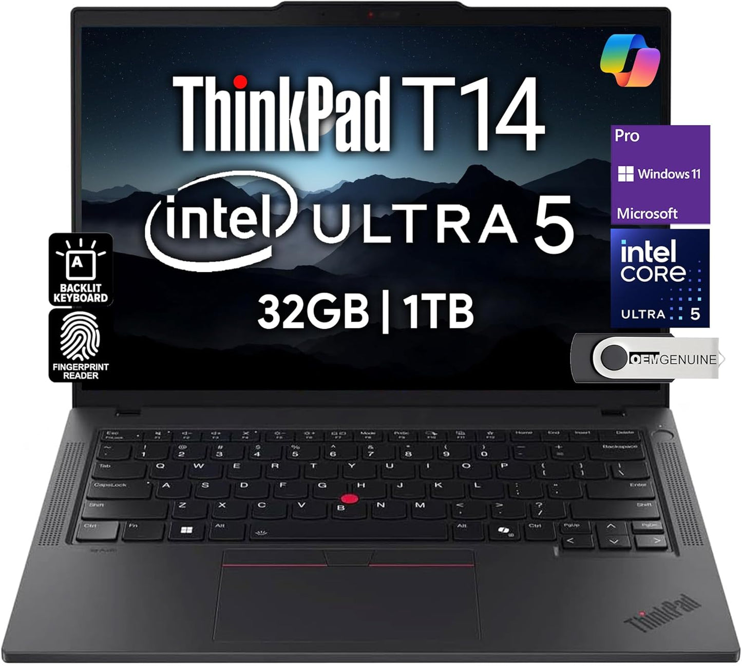 Thinkpad T14 Gen 6 Business Laptop 14" FHD+ IPS, Intel Ultra 7 255U, 64GB DDR5 RAM, 2TB SSD, 5MP Webcam, Fingerprint, Backlit, Wi-Fi 6E, 2 Thunderbolt 4, AI PC, W11P
