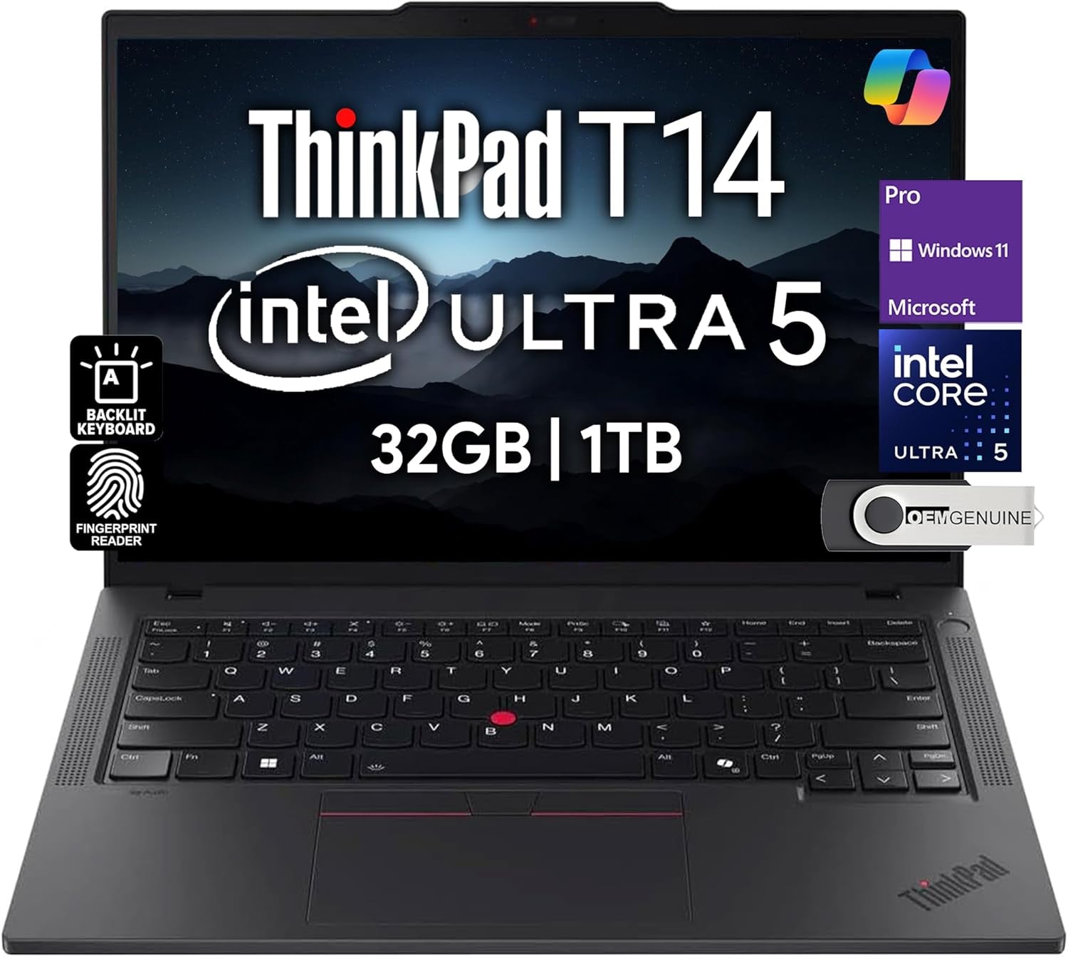Thinkpad T14 Gen 6 Business Laptop 14" FHD+ IPS, Intel Ultra 7 255U, 64GB DDR5 RAM, 2TB SSD, 5MP Webcam, Fingerprint, Backlit, Wi-Fi 6E, 2 Thunderbolt 4, AI PC, W11P