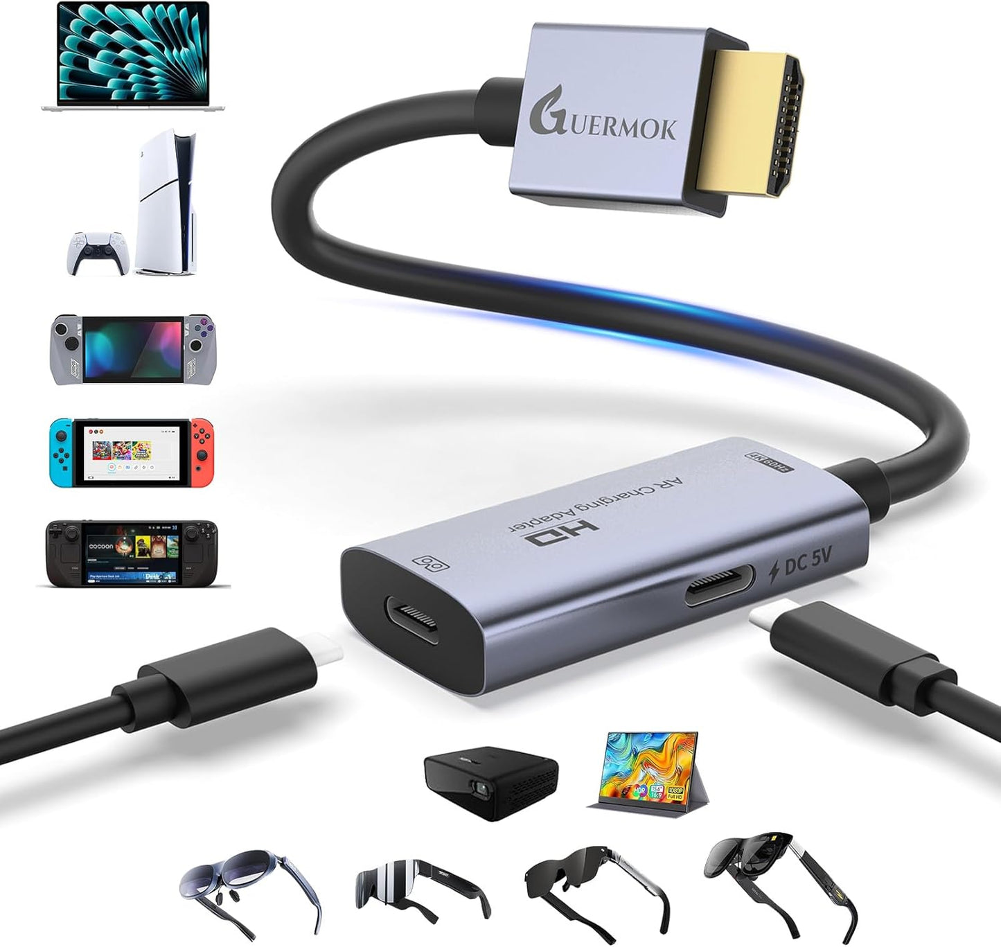 AR Glasses HDMI to USB-C Display Adapter, 4K@60Hz Play and Charge XR Converter with DC 5V, for XREAL One/Air 2 Pro/Rayneo/Rokid, Steam, Switch 2/1, PS5/4, Portable Monitors (Black)