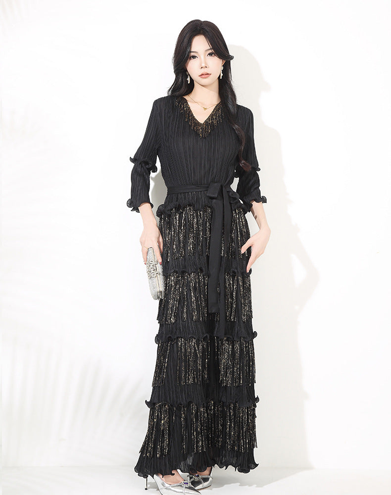 Slim-fit Slimming V-neckline Bronzing Tassel Dress