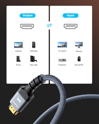 8K 10K 4K HDMI Cable 48Gbps 6.6FT/2M, Certified Ultra High Speed HDMI Cable Braided Cord-4K@120Hz 8K@60Hz, DTS:X, HDCP 2.2 & 2.3, HDR 10 Compatible with Roku Tv/Ps5/Hdtv/Blu-Ray