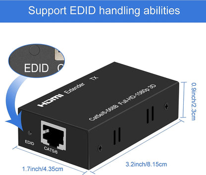 HDMI Extender 196Ft HDMI over Single Cat5E/6/7 HDMI Repeater HDMI Balun Sender Transmitter Receiver Support 1080P 3D HDMI 1.4A HDCP EDID