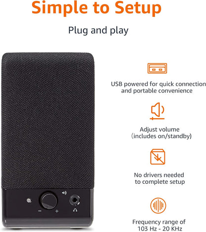 Usb-Powered Computer Speakers for Desktop or Laptop PC with Volume Control, Plug-N-Play, Black