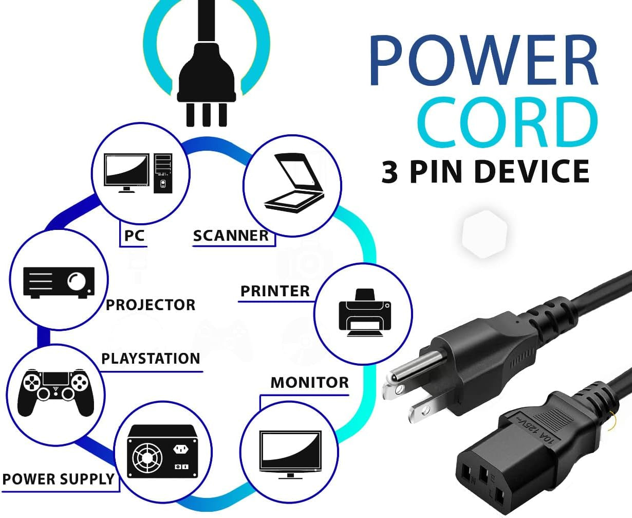 Standard 5Ft (1.5M) 10 Amps 125 Volts Black 3 Prong AC Power Cord Cable for Electronics, TV, Computer, Printer, Radio, Monitor, Samsung, Dell, Vizio, LG, Asus, Laptop and More